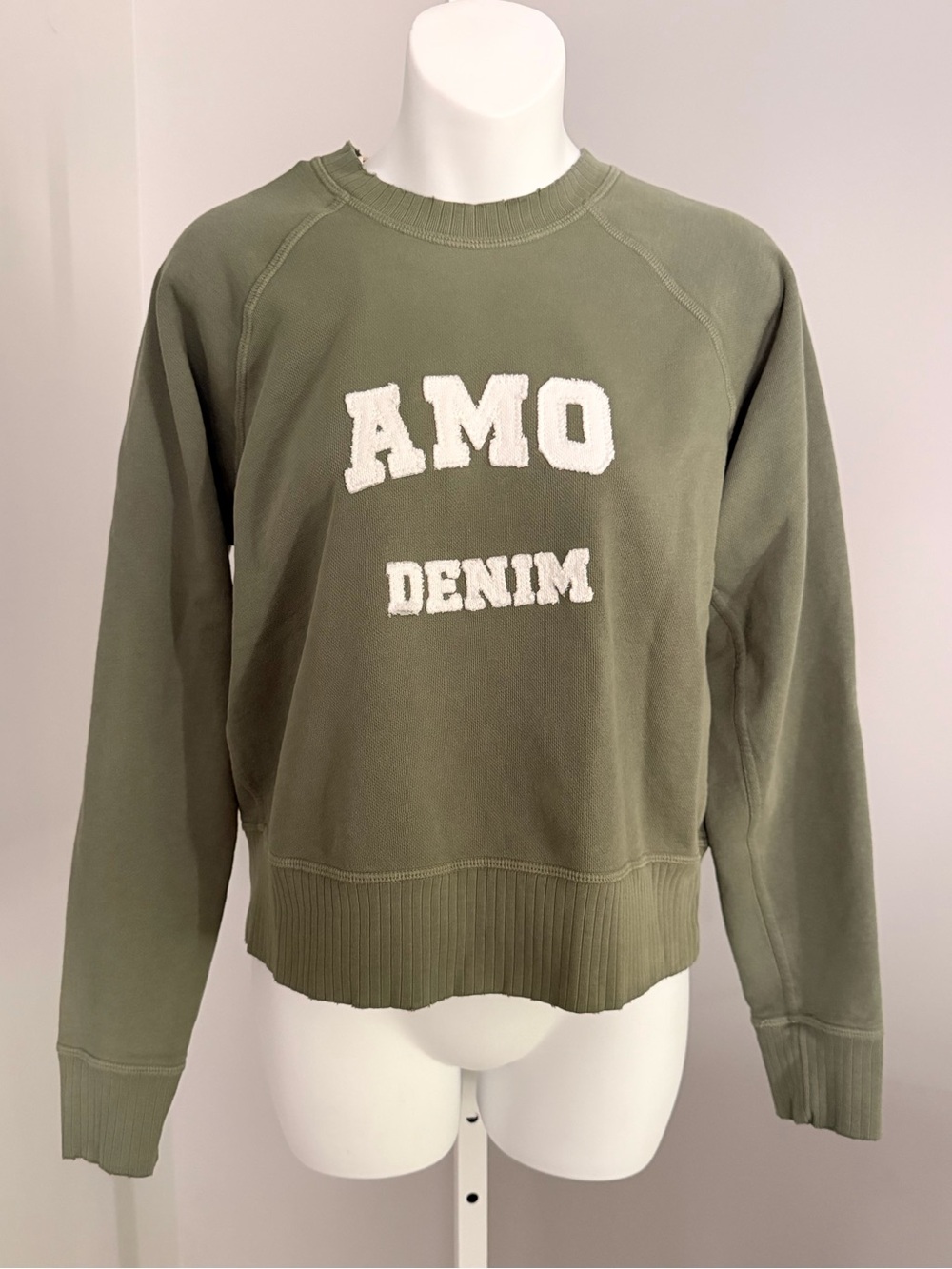 AMO Denim Logo Sweatshirt in Olive Green Sz M NWT $220